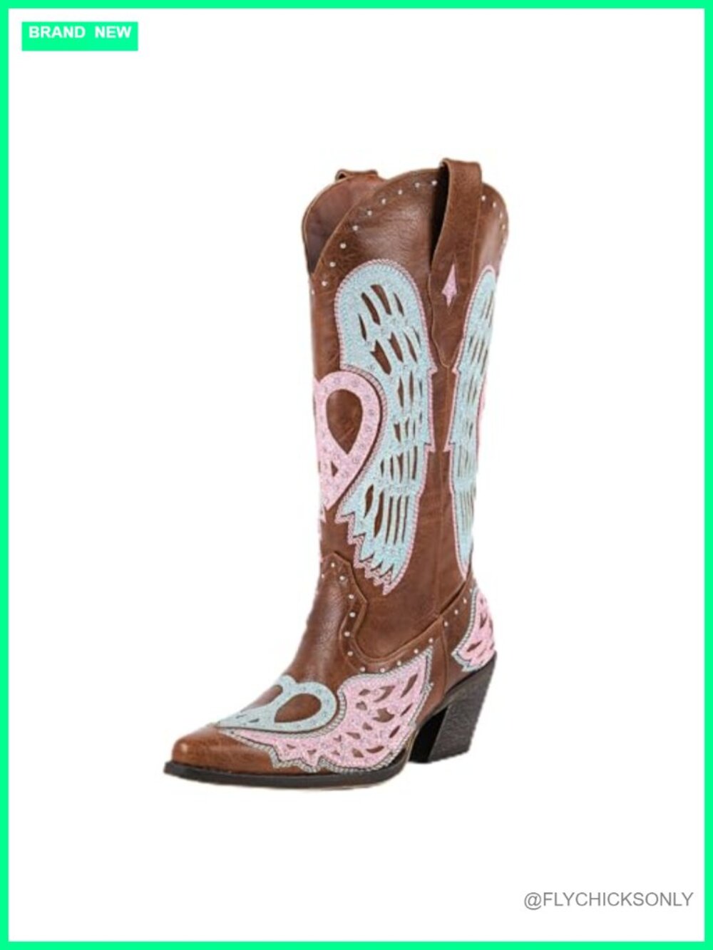 Western Cowgirl Boots Angel Wing Embroidered Mid Calf Chunky Heel